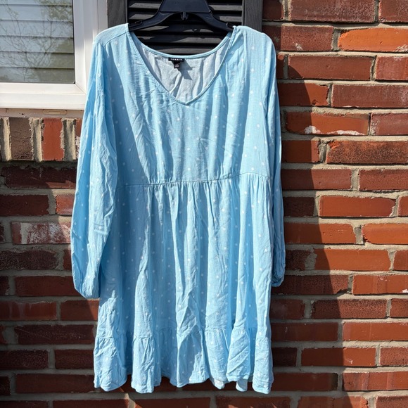 torrid Dresses & Skirts - Torrid Light Blue Polka Dot Babydoll Mini Dress V-Neck Tiered Long Sleeve‎ 1 1X